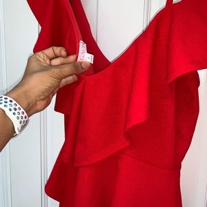 Red Off shoulder ruffle top.